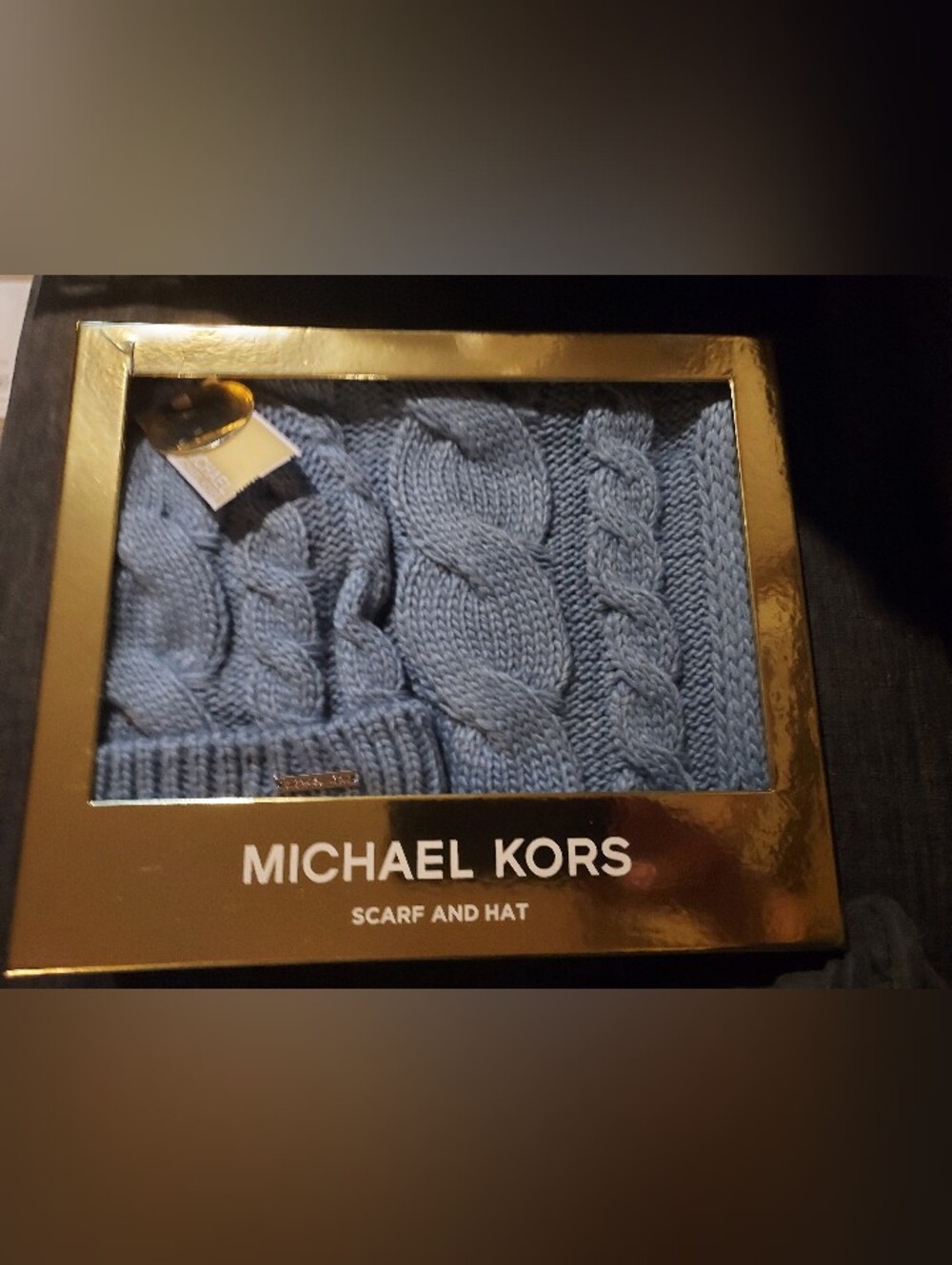 Michael Kors Light Blue Cable Knit Scarf and Hat Set